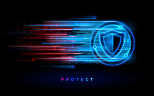 image depicts cybersecurity with a shiled and digital art hinting at binary code.